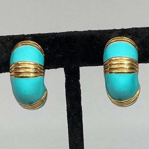 Vintage KJL Turquoise Enamel Gold Tone Hoop Clip-On Earrings - Picture 1 of 9